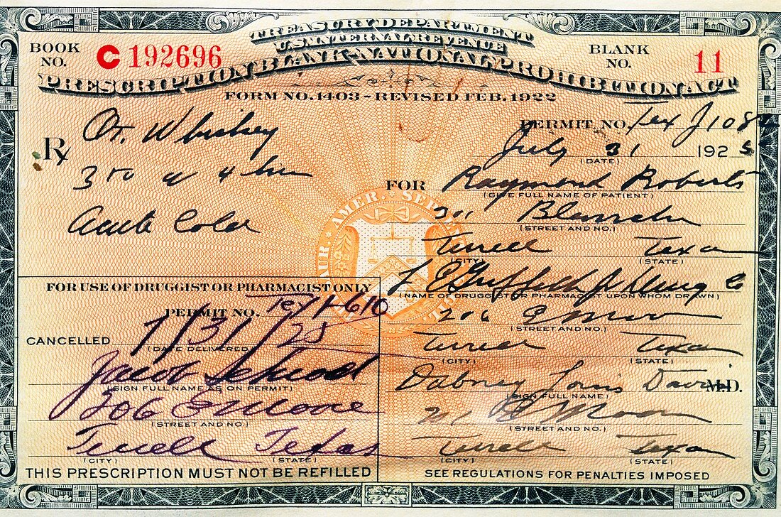 Prohibition whiskey prescription,1925
