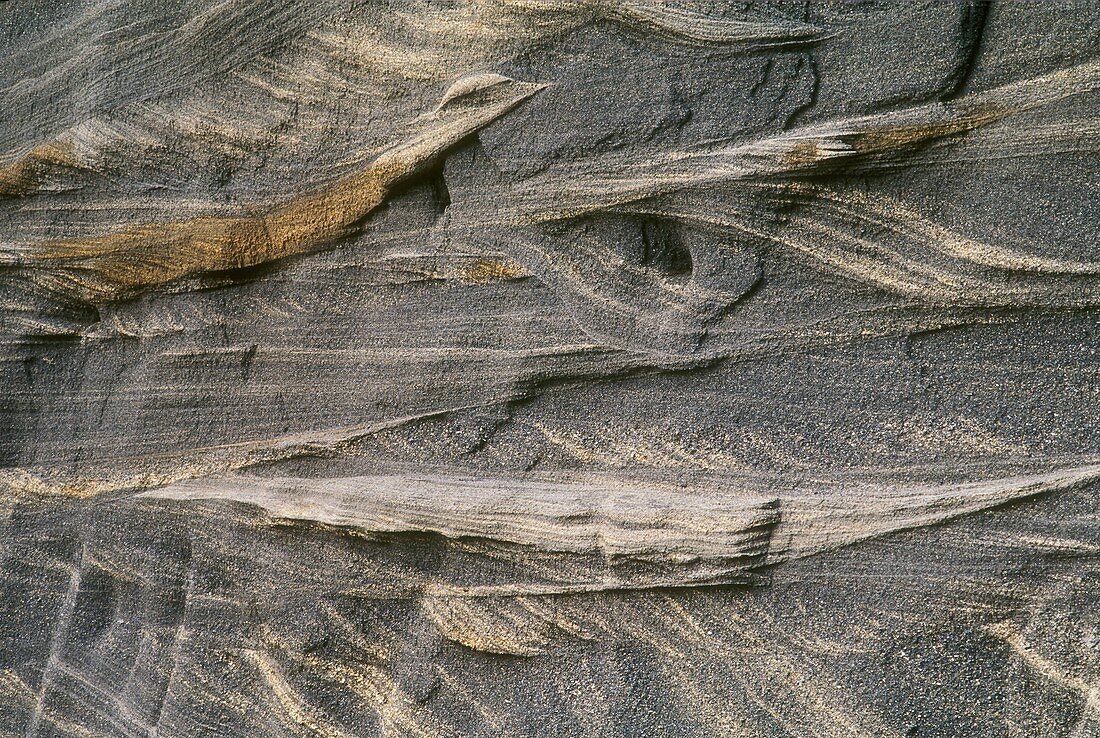 Volcanic ash layers in rock