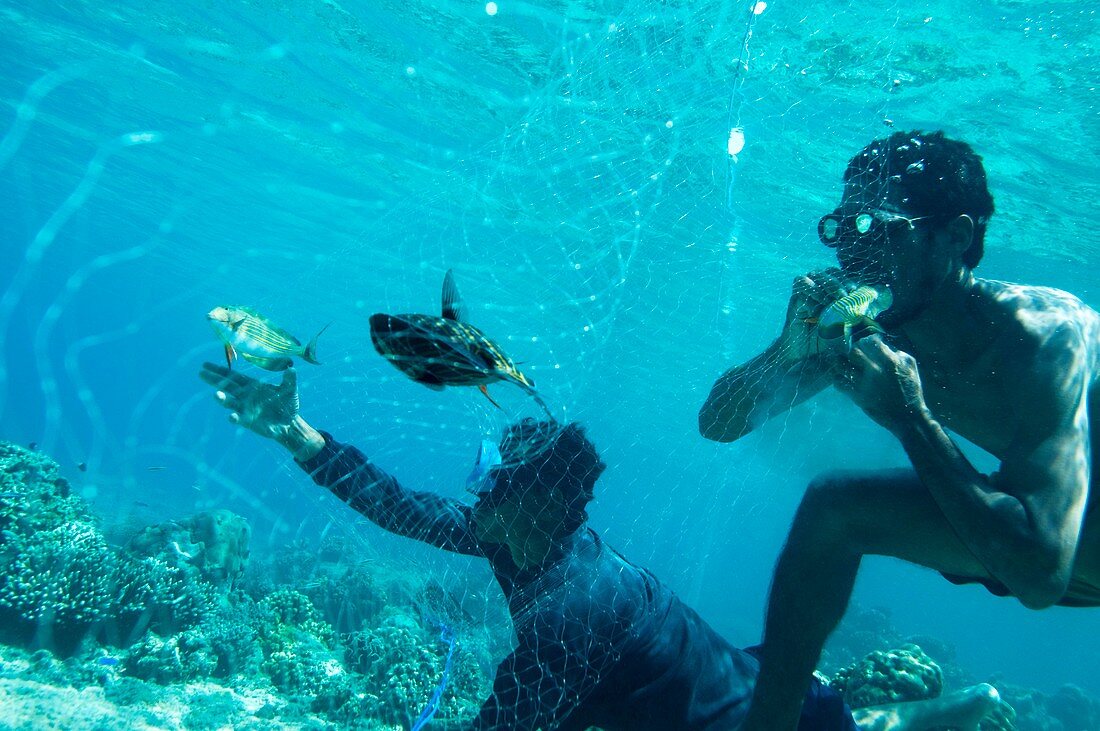 Fishermen diving underwater