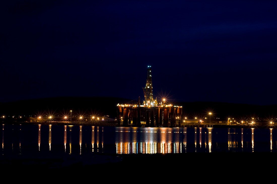 Oil drilling rig at night,North Sea