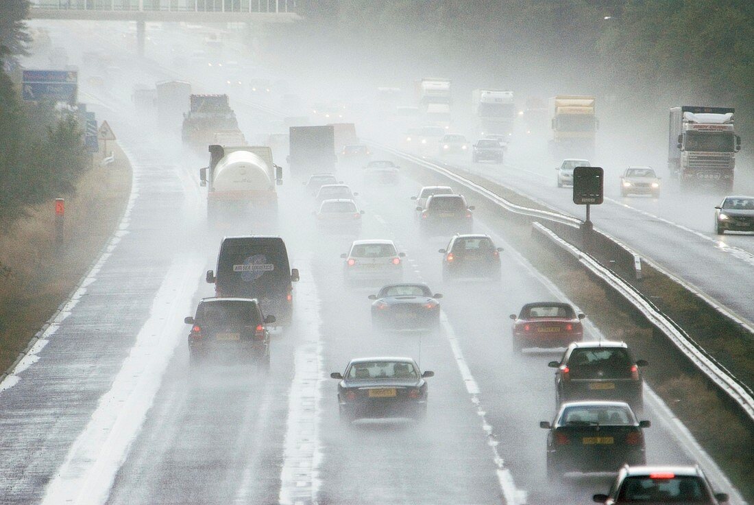 Motorway traffic in rain