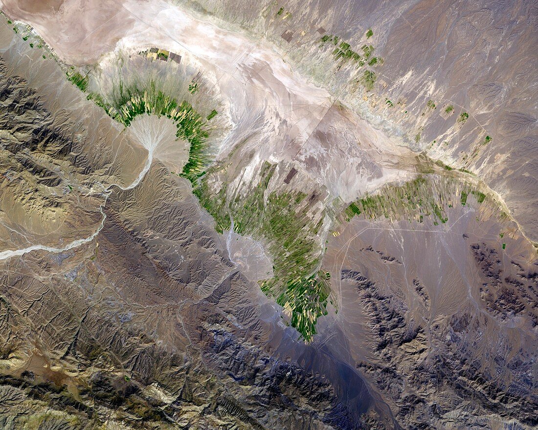 Alluvial fan and fields,satellite image