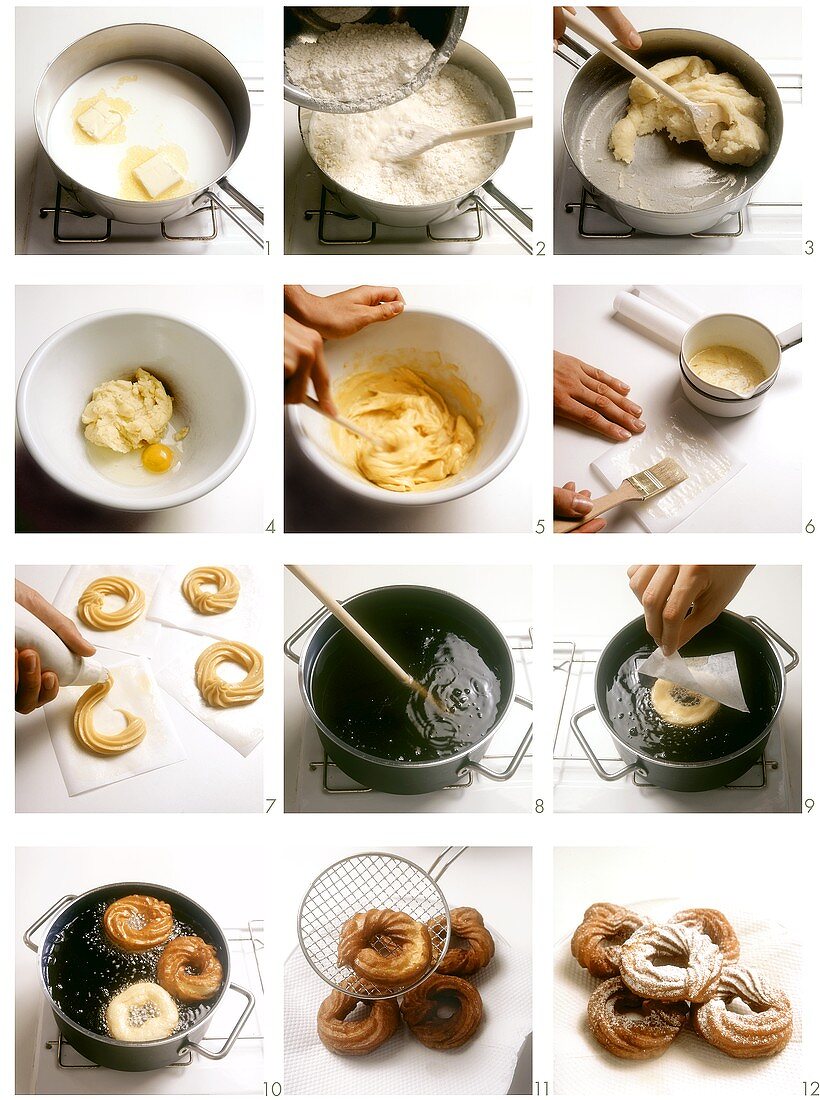 Making choux pastry strauben (small Bavarian cakes)