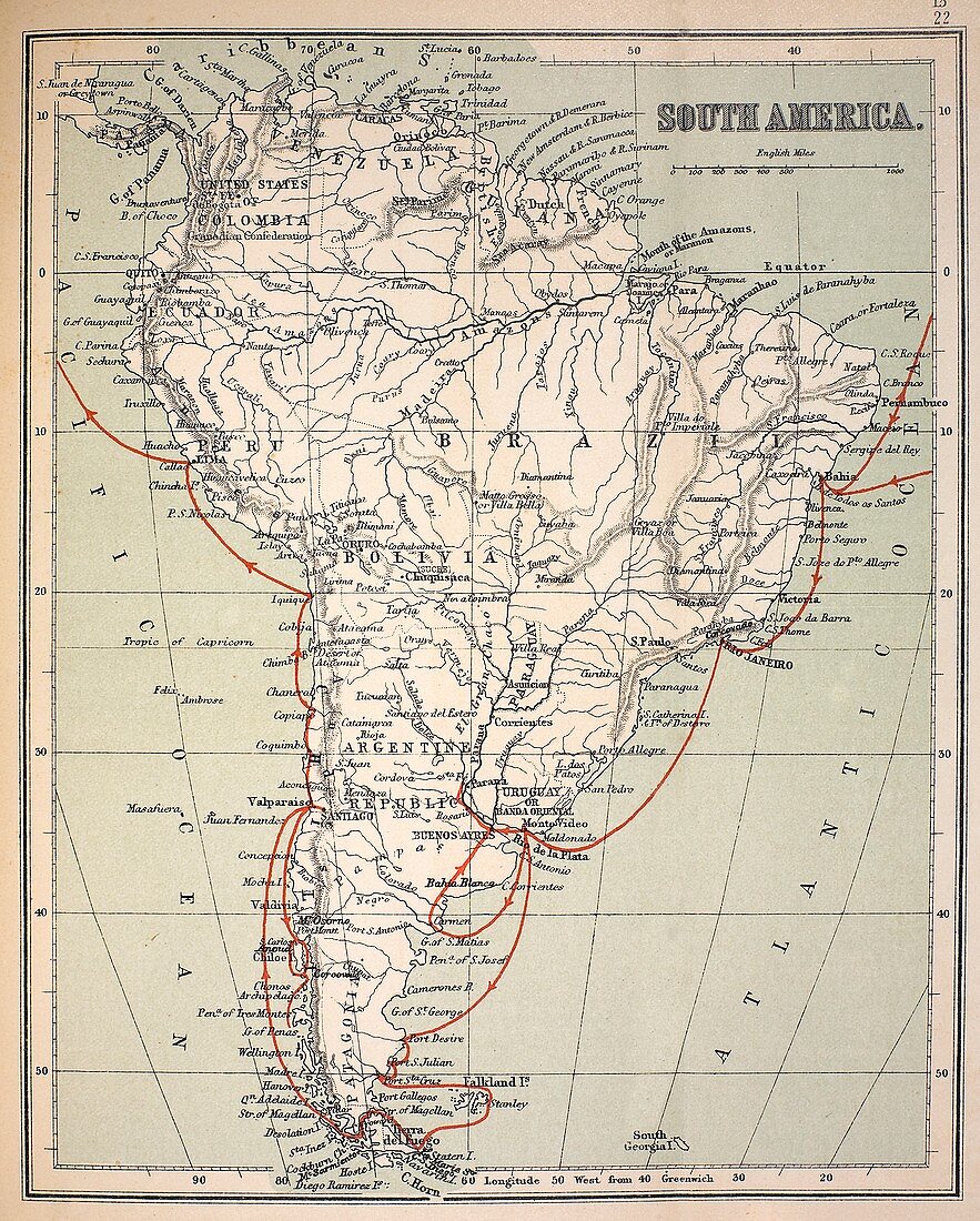 Darwin's Beagle Voyage Map South America