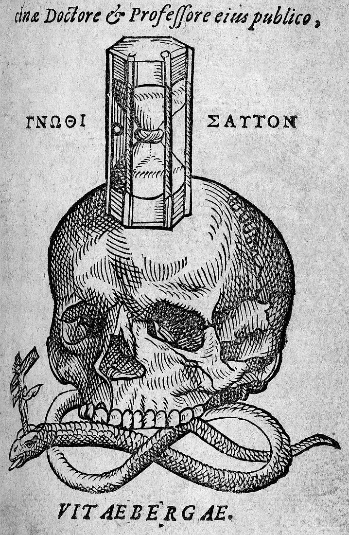 Woodcut of skull,snake and hourglass