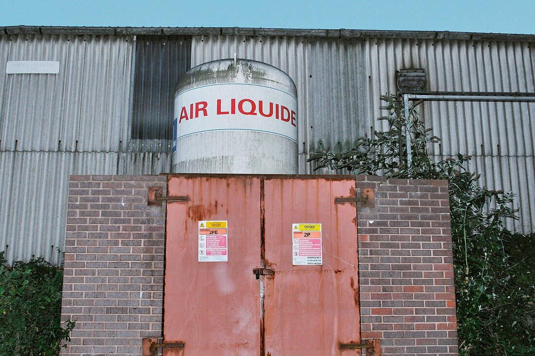 Oxygen tank at rear of factory