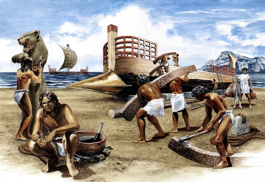 Construction of a Mycenaean ship,artwork