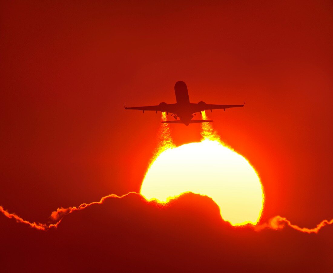 Boeing 737 taking off at sunset