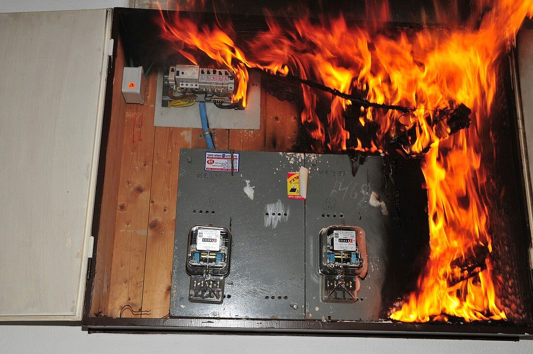Electrical fire in a household fuse box