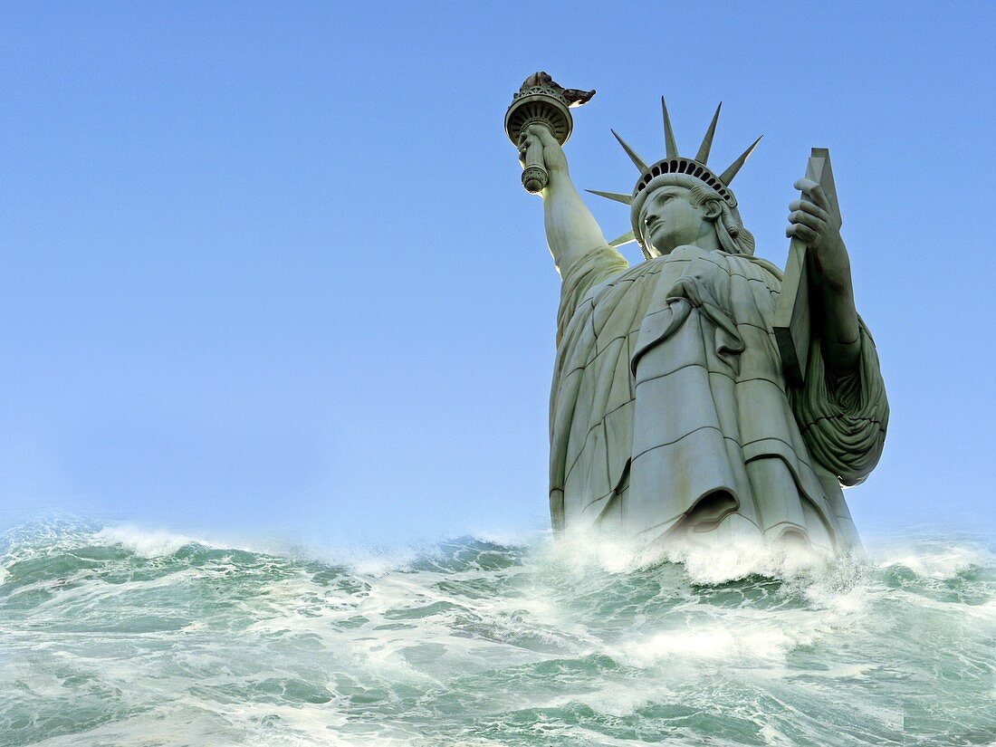Tsunami engulfing Statue of Liberty