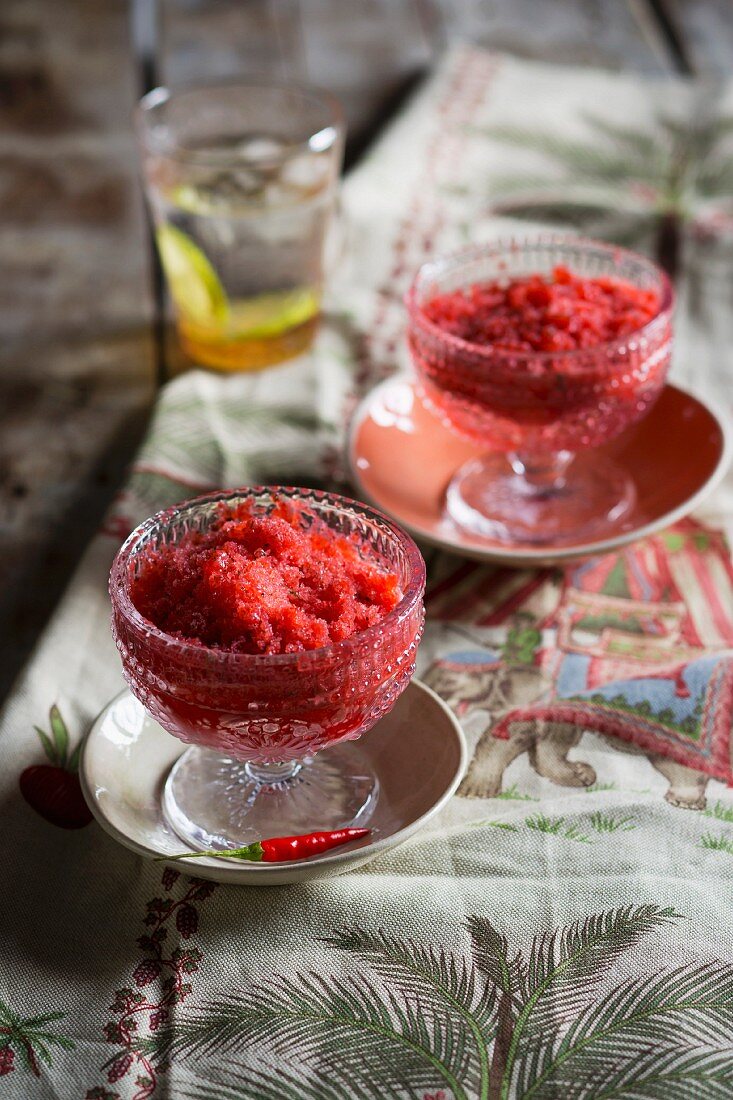 Strawberry and grapefruit granita with mint