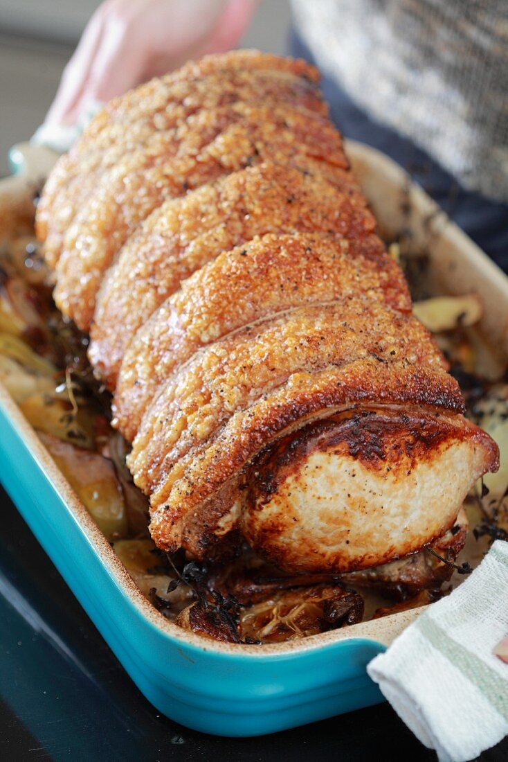 Roast pork loin with fennel and apple wine