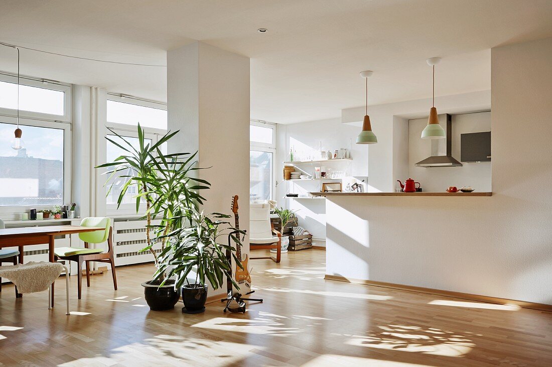 Sonnendurchfluteter Wohnraum, Zimmerpalmen im Topf vor Pfeiler zwischen offener Küche und sichtbarem Essplatz im Fiftiesstil
