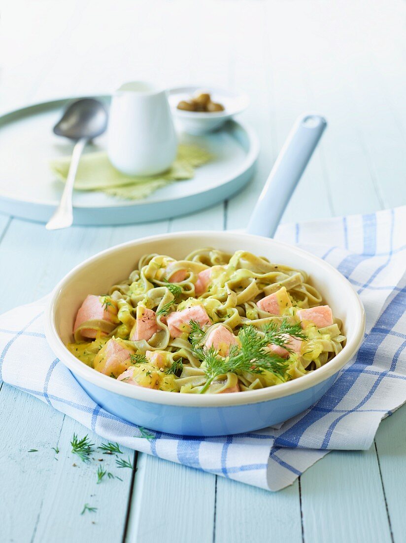 Green tagliatelle with salmon and dill