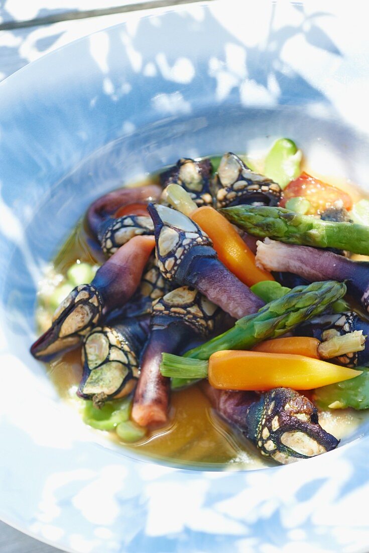Goose barnacles with asparagus and carrots