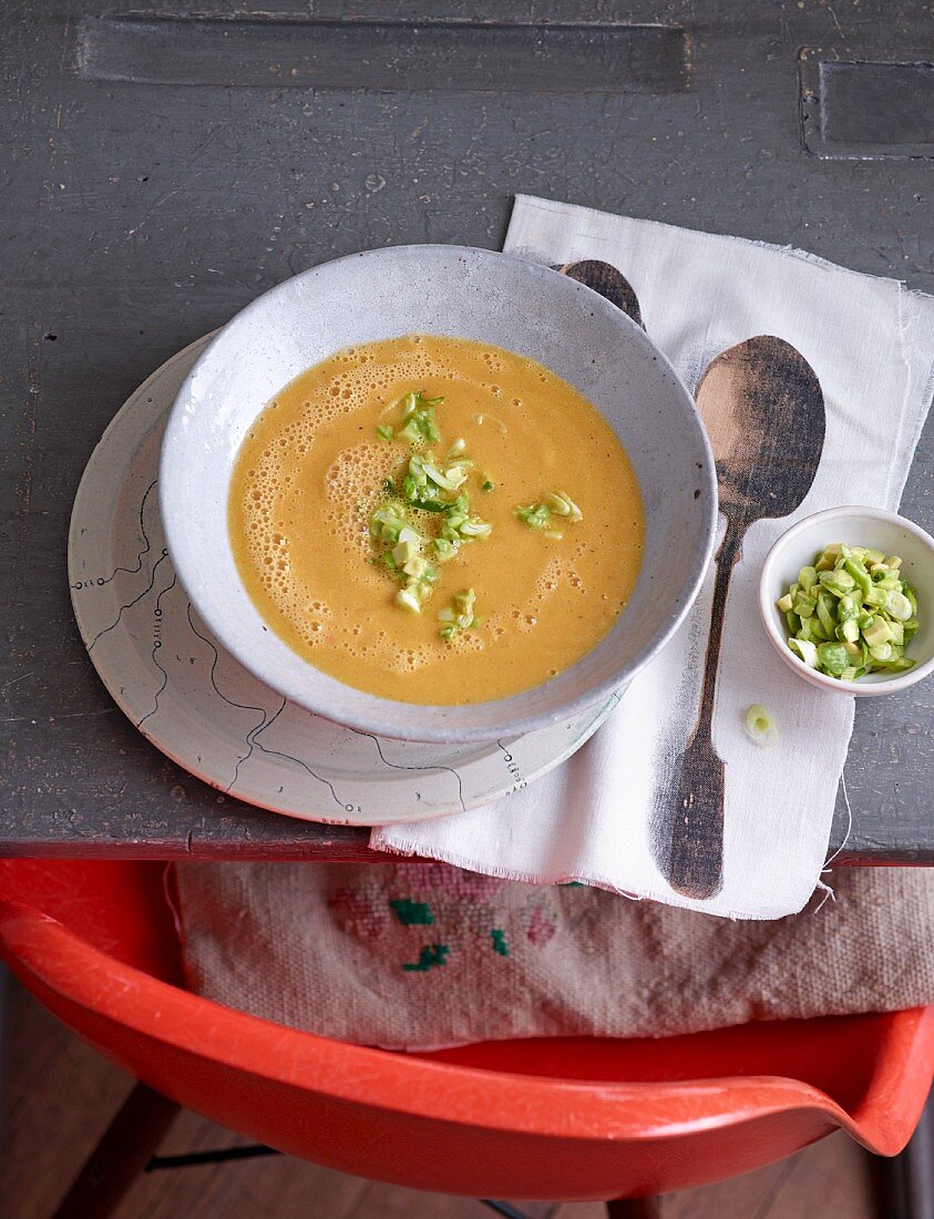 Roasted vegetable soup with avocado salsa