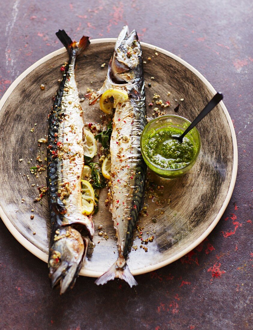 Peppered mackerel with ginger and salsa verde