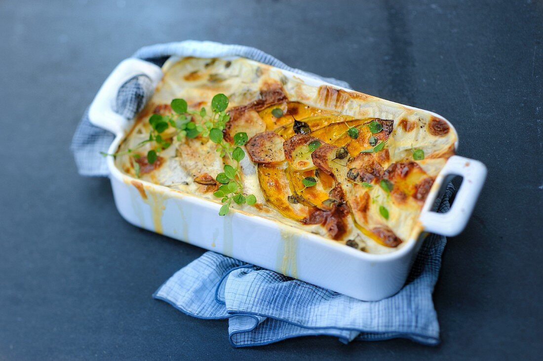 A winter vegetable gratin with pumpkin, Jerusalem artichokes and potatoes