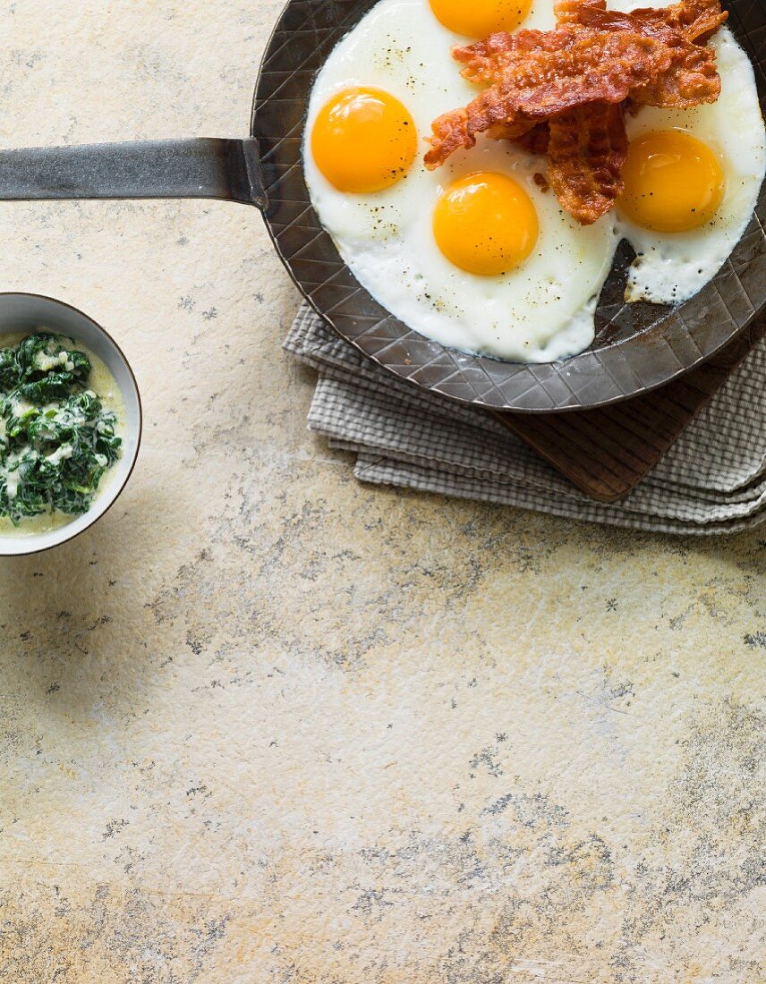 Fried eggs with bacon and creamy spinach