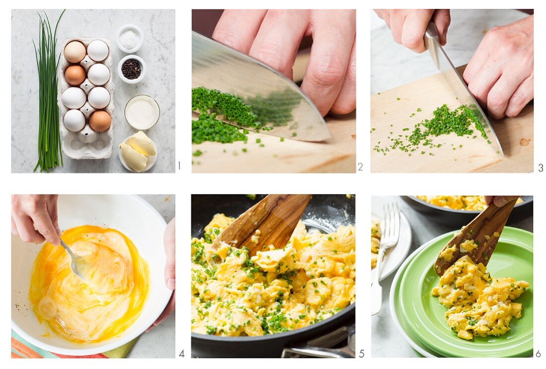 Scrambled egg with chives being made