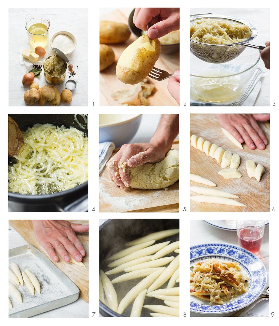 Potato orzo pasta with sauerkraut being made
