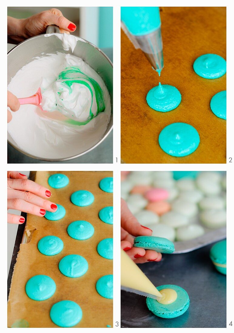 Turquoise macaroons being made