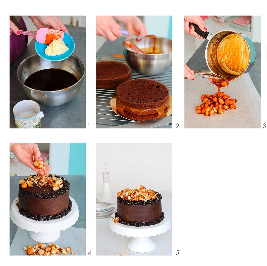 A chocolate cake with salted caramel and macadamia nuts being made