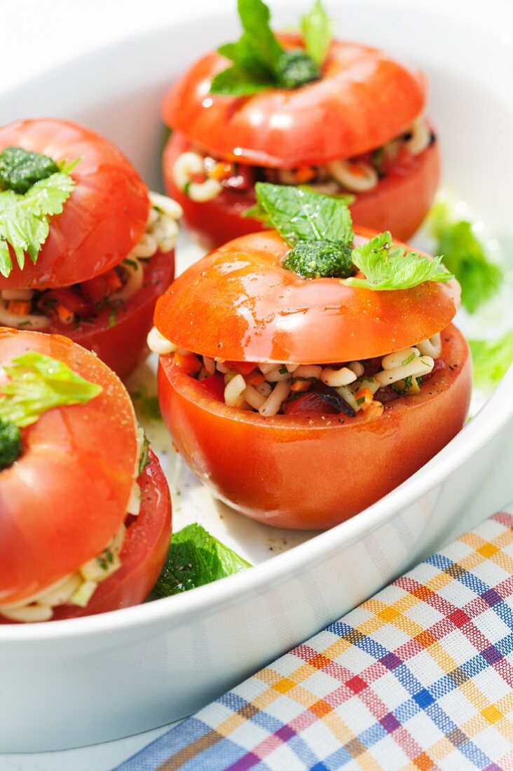 Tomatoes filled with pasta salad