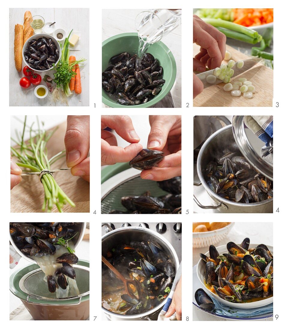 Mussels in white wine being made