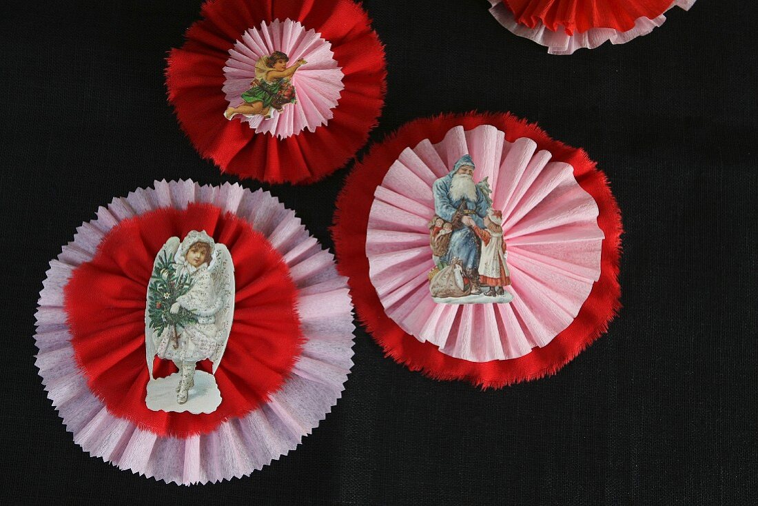 Hand-crafted, crepe paper Christmas decorations