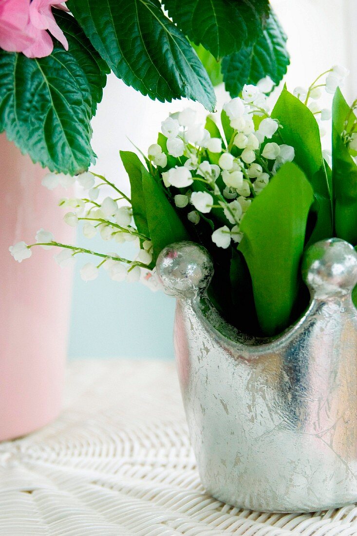 Lily-of-the-valley in crown-shaped, silver gilt vase