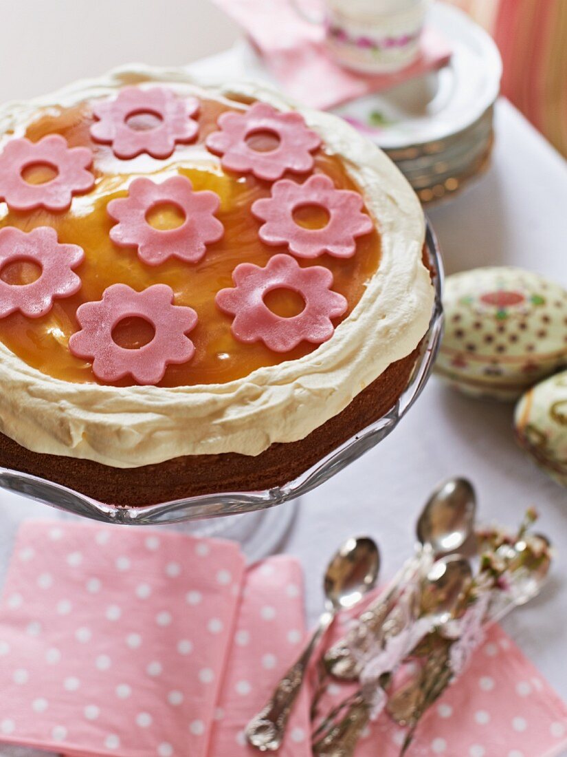 An Easter cake decorated with marzipan flowers