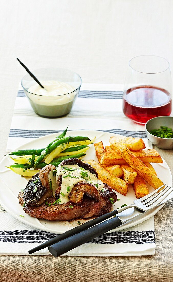 Steak with mushrooms and mustard mayonnaise