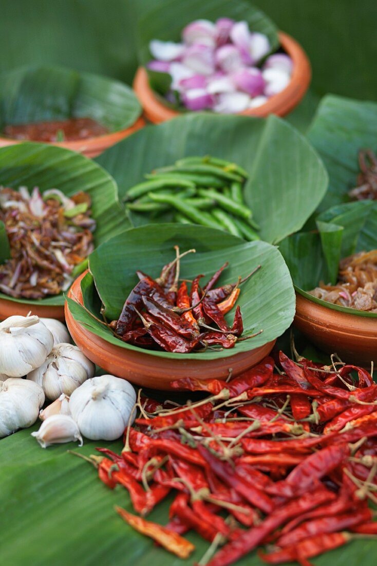Spices on banana leaves at a market in Sri Lanka