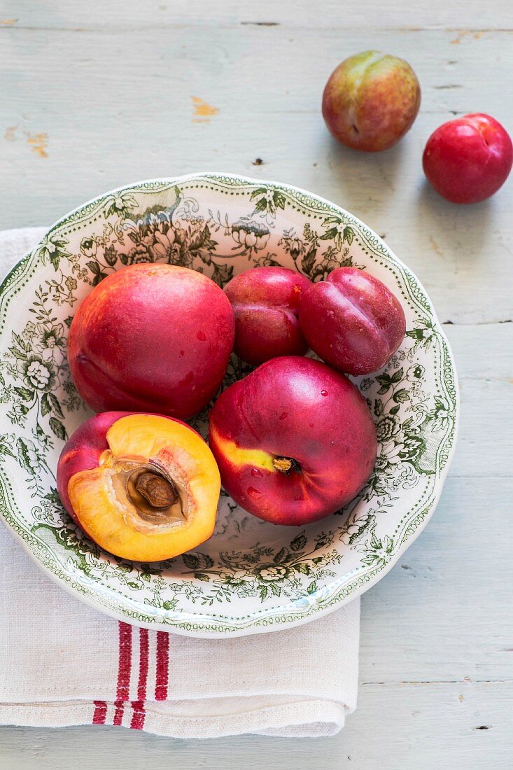 Nectarines in a porcelain bowl