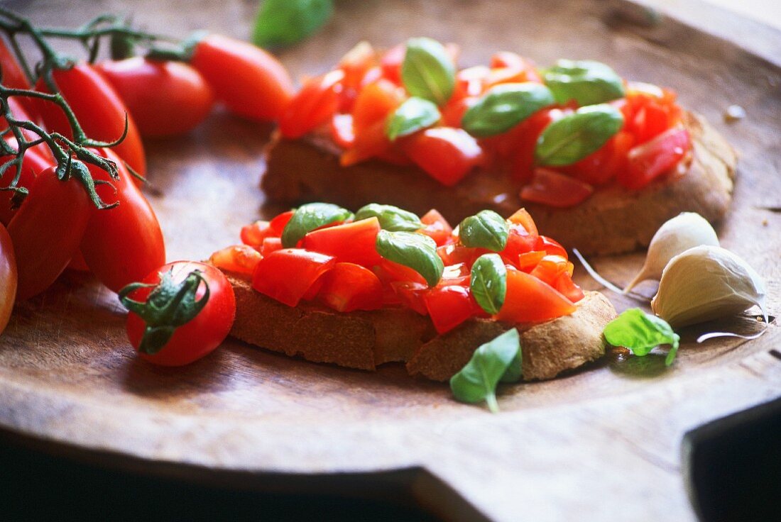 Bruschetta (toasted bread topped with tomatoes and basil, Italy)