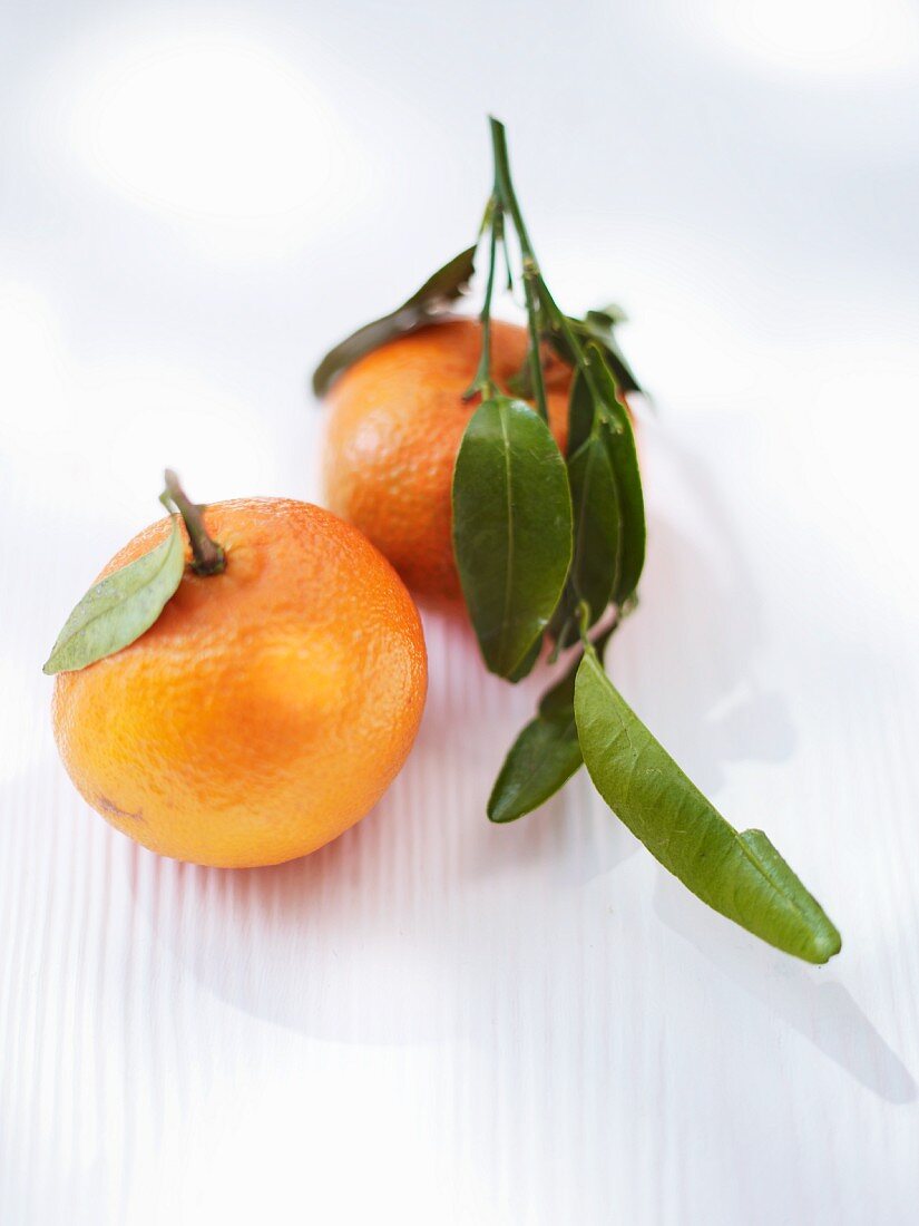 Two tangerines with leaves on a white surface