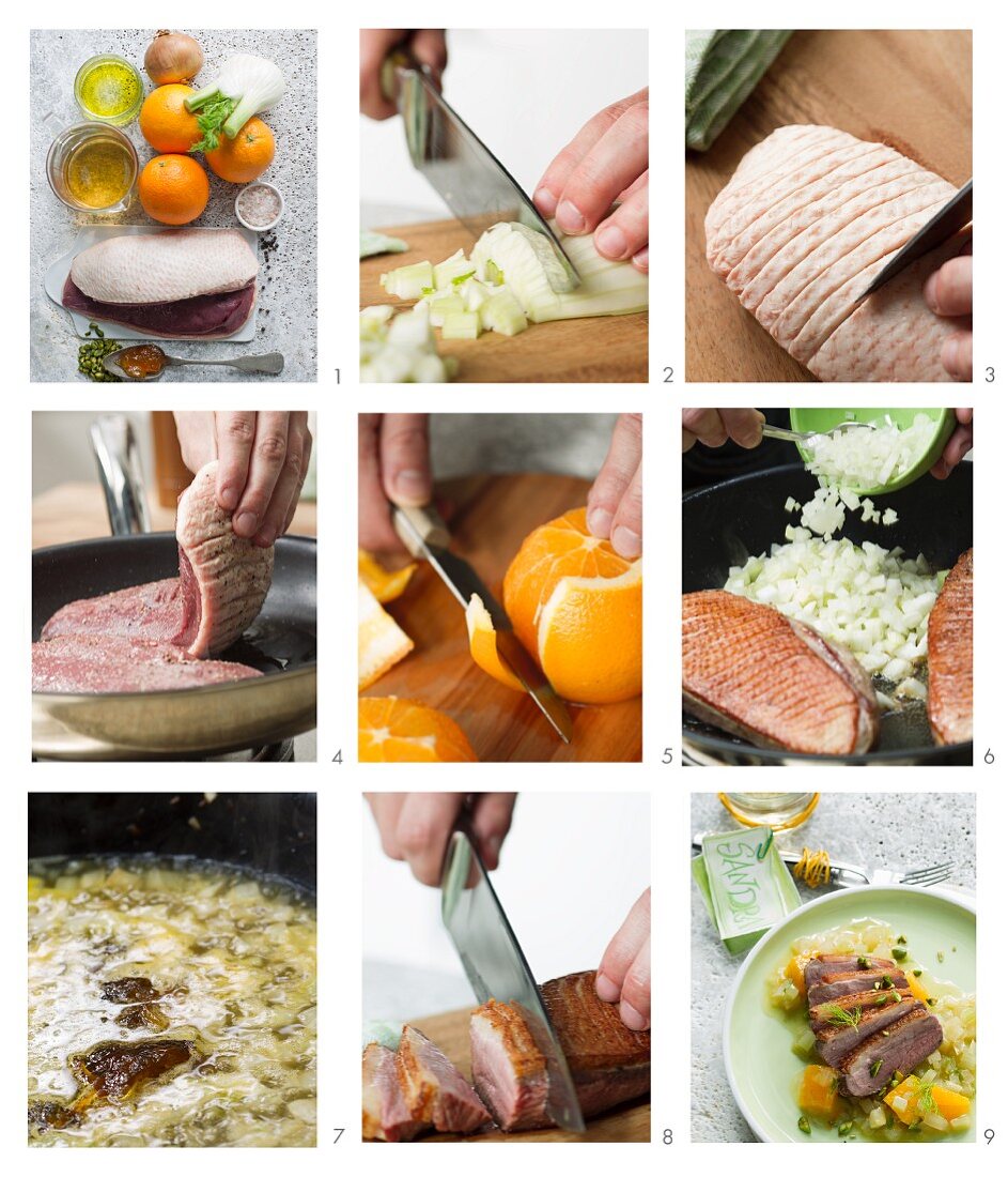 Duck breast with oranges being made