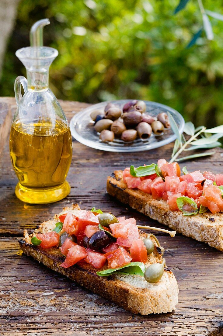 Bruschette (grilled bread topped with tomatoes, Italy)