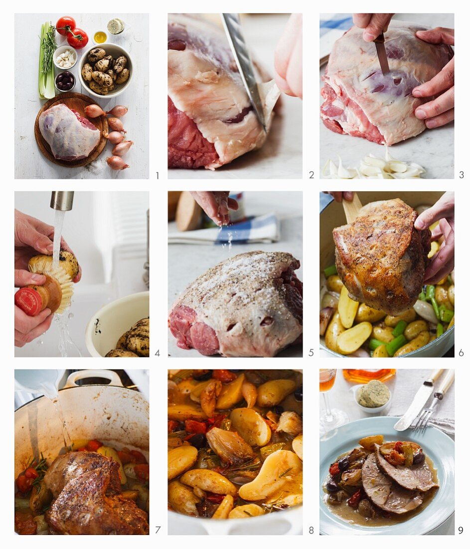 A leg of lamb with garlic and potatoes being made