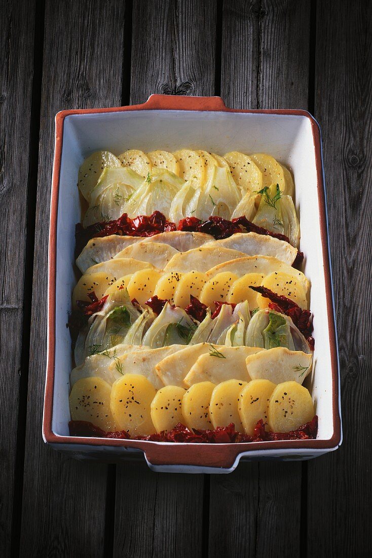 Vegetable gratin with tomato confit