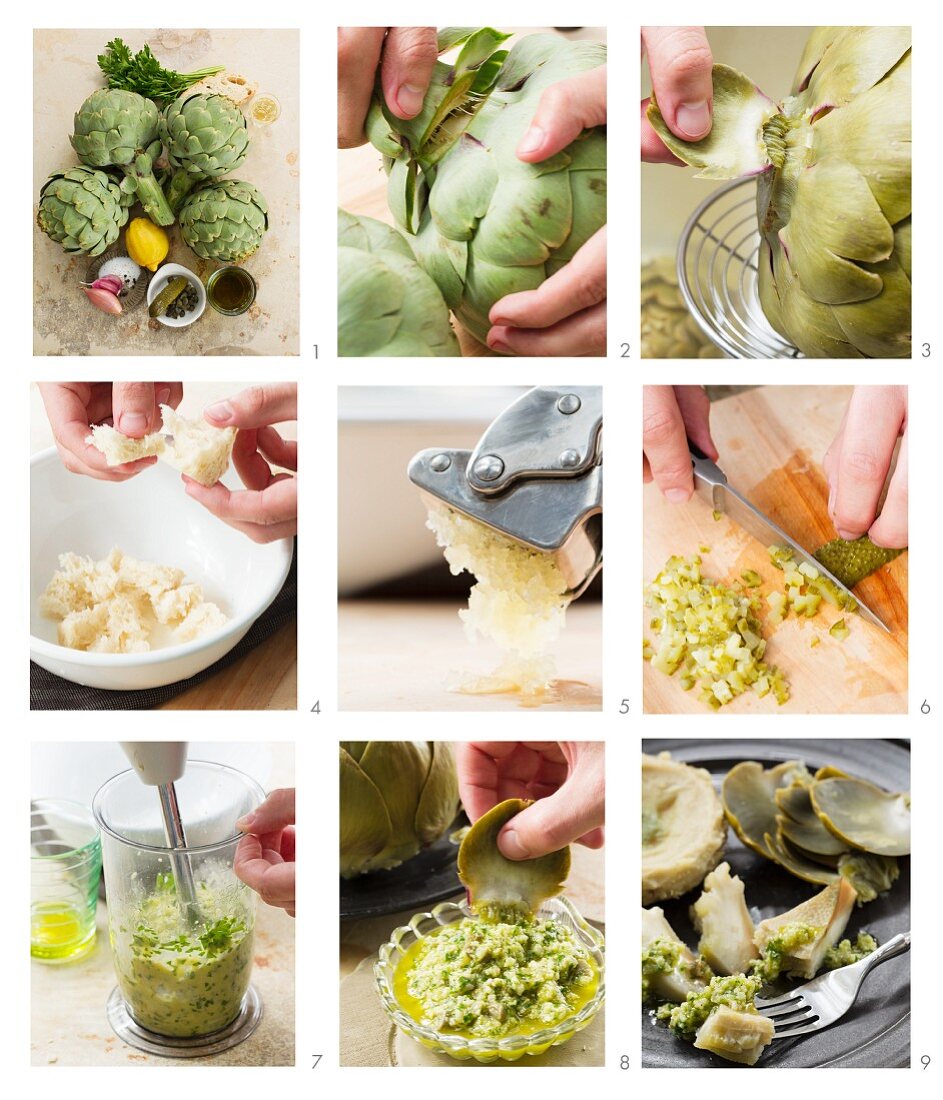 Artichokes with salsa verde being made