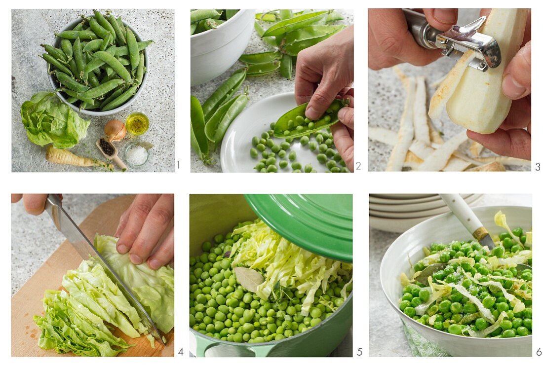 Erbsen mit Kopfsalat zubereiten