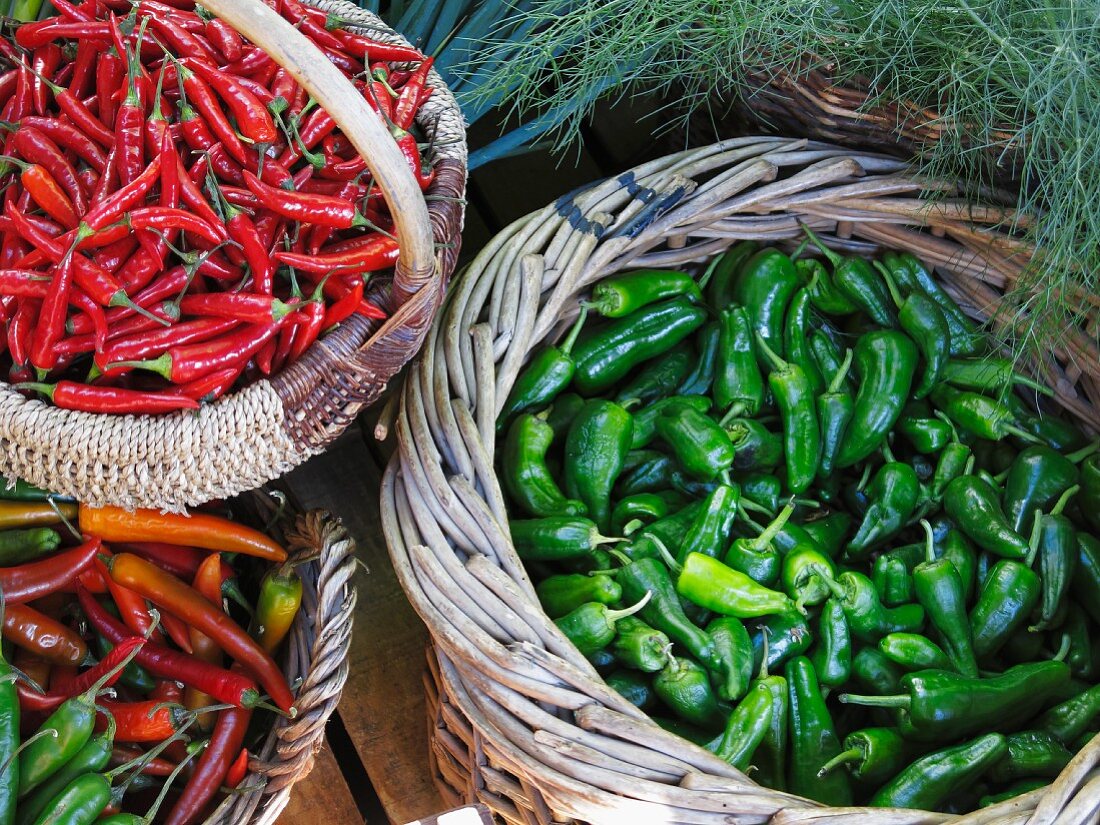 Various chilli peppers in baskets