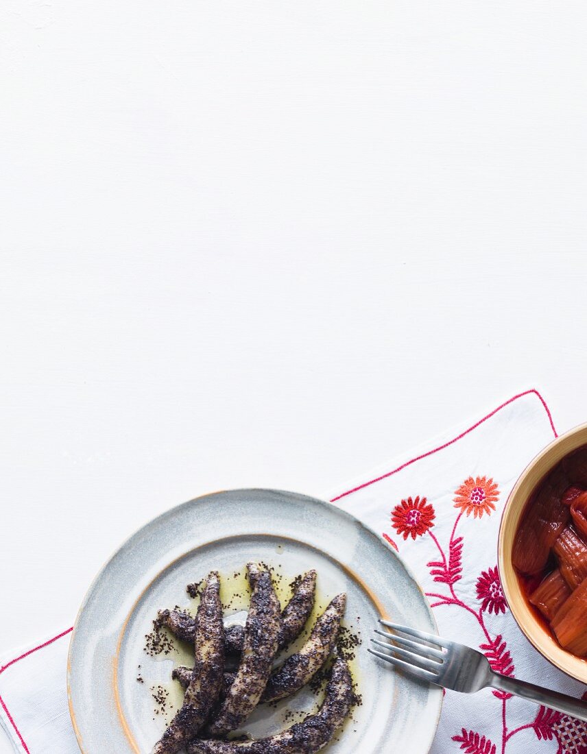 Poppy seed pasta with rhubarb compote