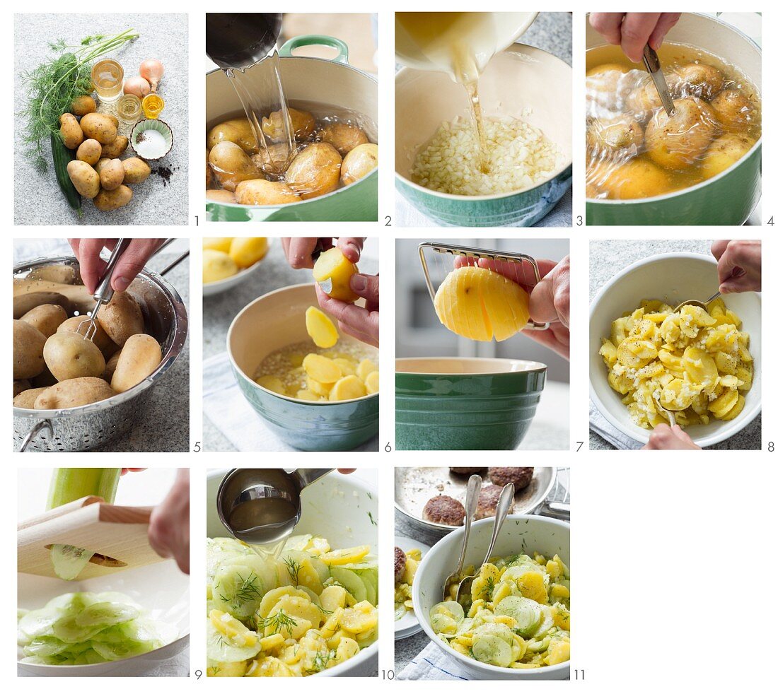 Potato salad with gherkins, vinegar and oil being made