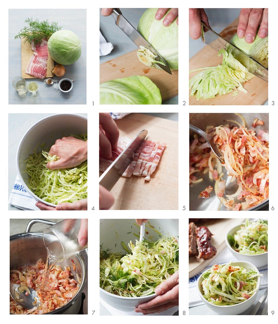 Coleslaw with bacon being made