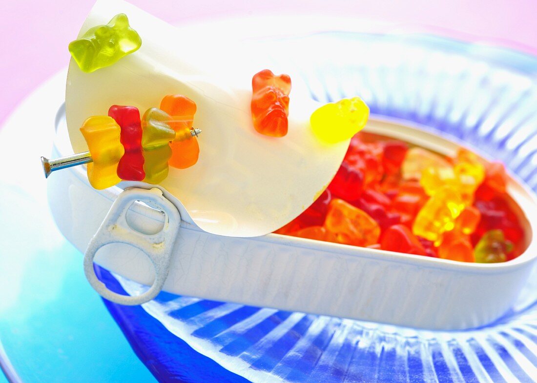Colourful gummy bears in a tin