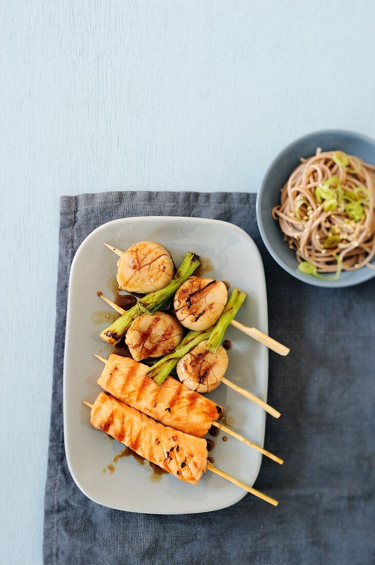 Scallop and salmon skewers with yakitori sauce
