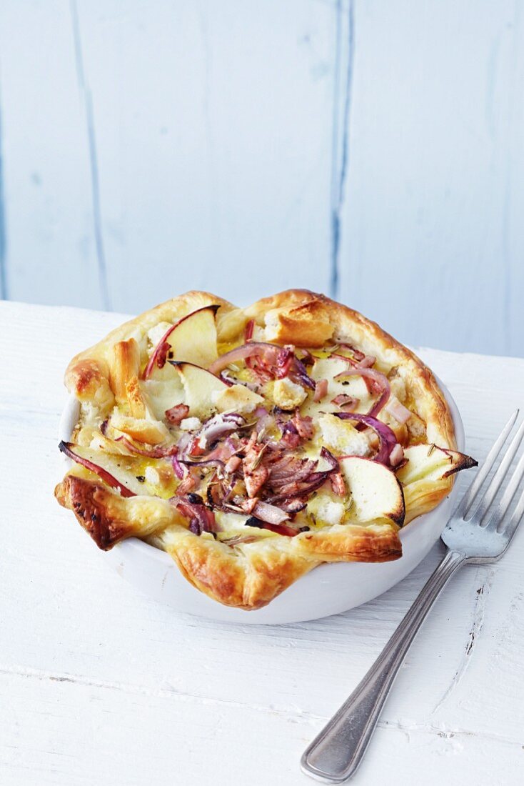 Apple and onion puff pastry tart